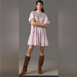 Anthropologie high neck lace tunic dress whisper mauve medium petite new